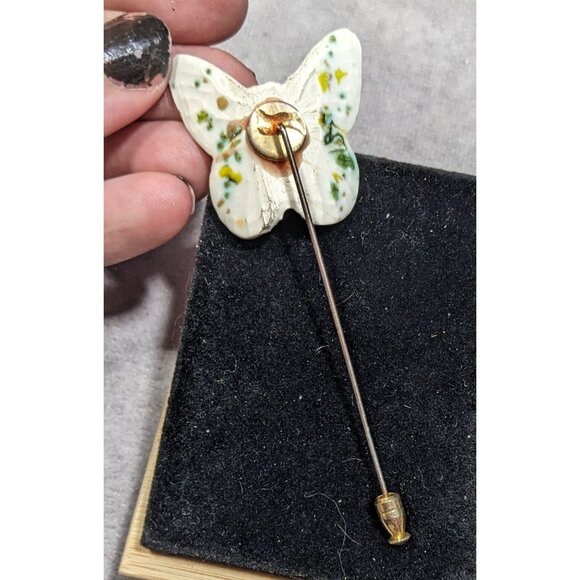 Vintage Ceramic Butterfly Stick Pin Mottled White And Green Glaze - Picture 6 of 6